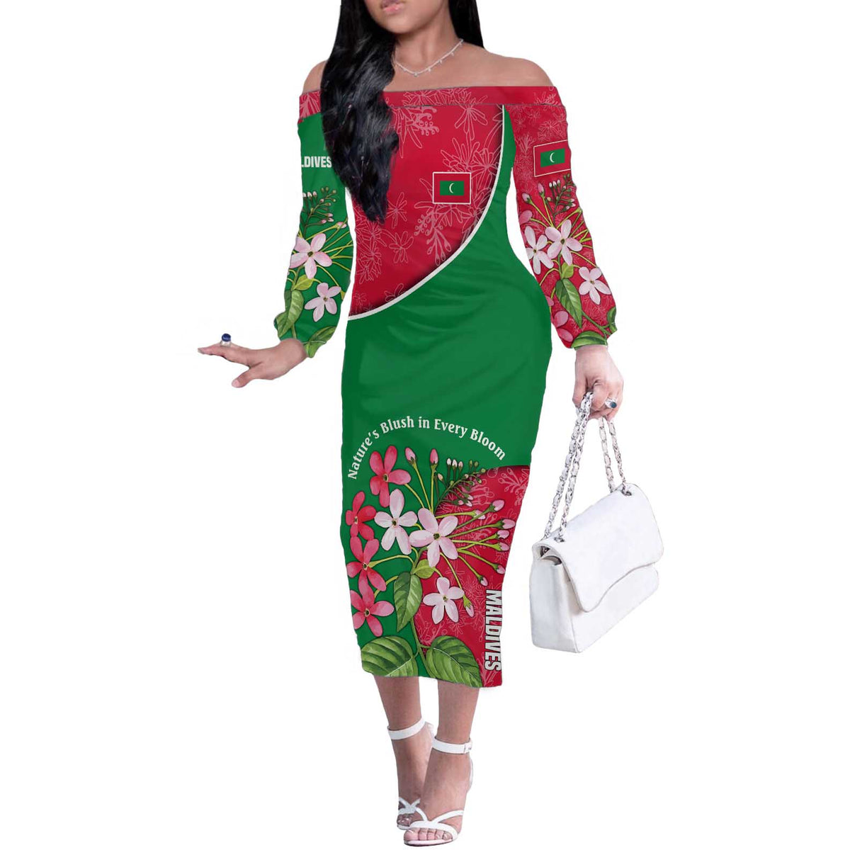 Maldives Floral Bloom Off The Shoulder Long Sleeve Dress with Tropical Island Blossoms and National Flag Design