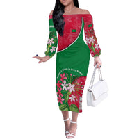 Maldives Floral Bloom Off The Shoulder Long Sleeve Dress with Tropical Island Blossoms and National Flag Design