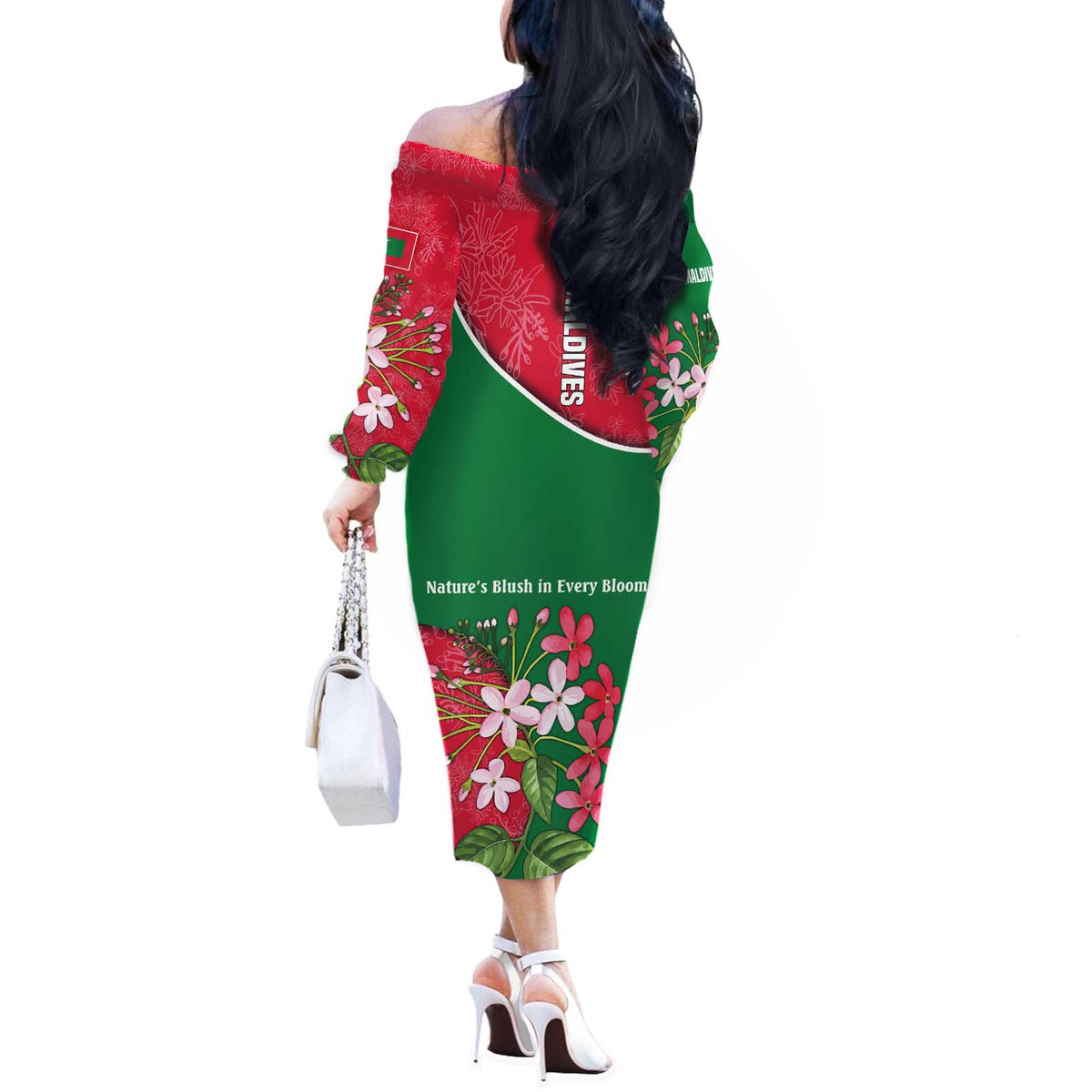 Maldives Floral Bloom Off The Shoulder Long Sleeve Dress with Tropical Island Blossoms and National Flag Design