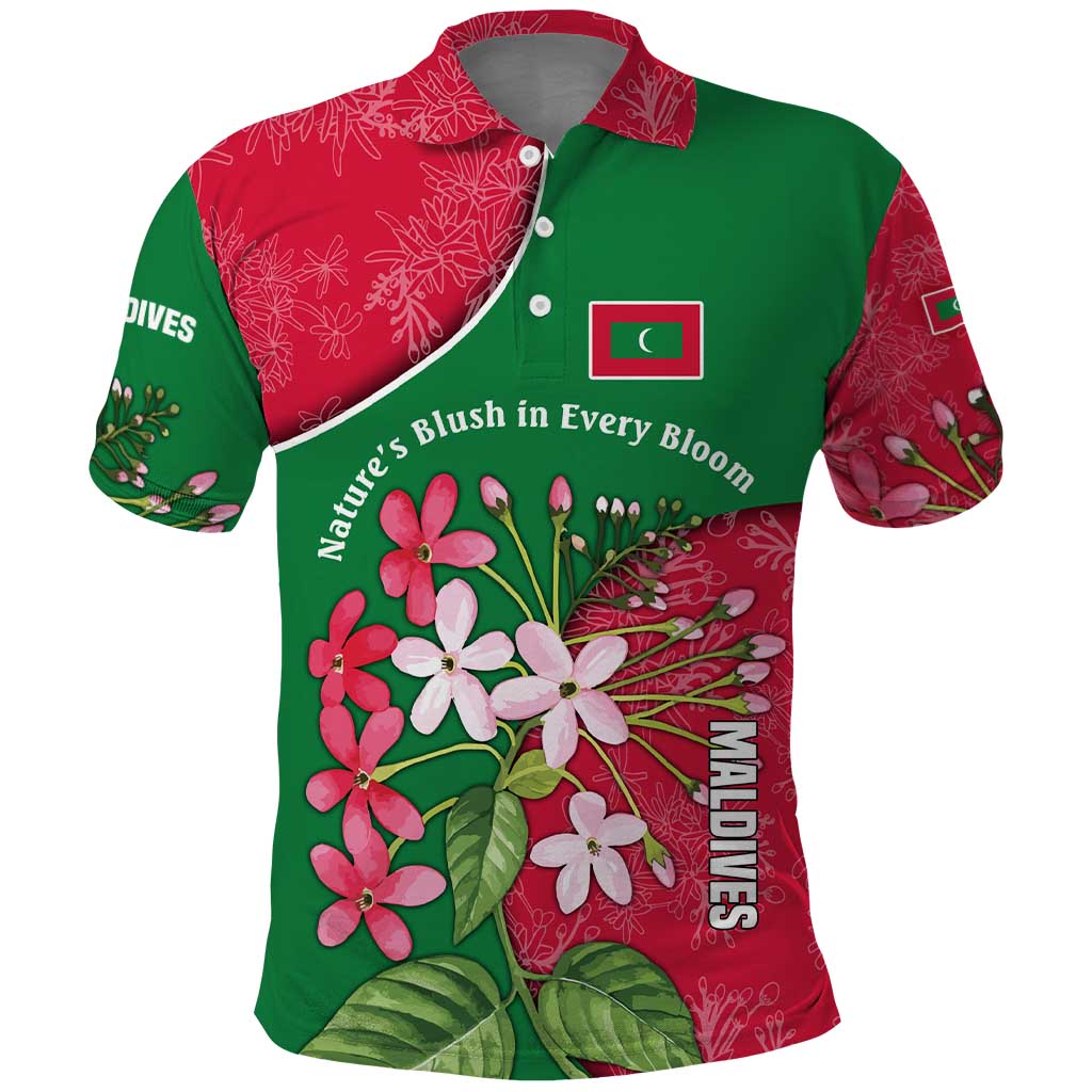 Maldives Floral Bloom Polo Shirt with Tropical Island Blossoms and National Flag Design