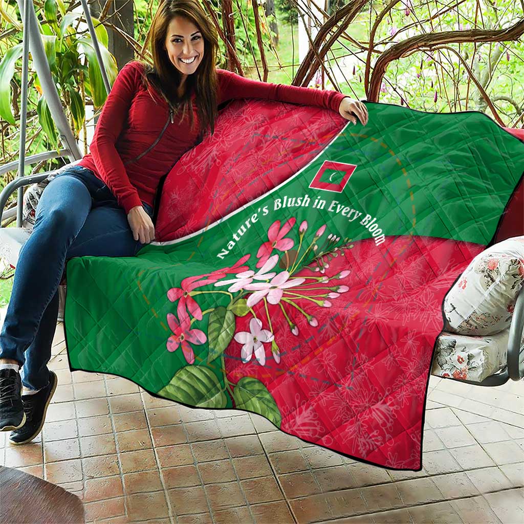 Maldives Floral Bloom Quilt with Tropical Island Blossoms and National Flag Design