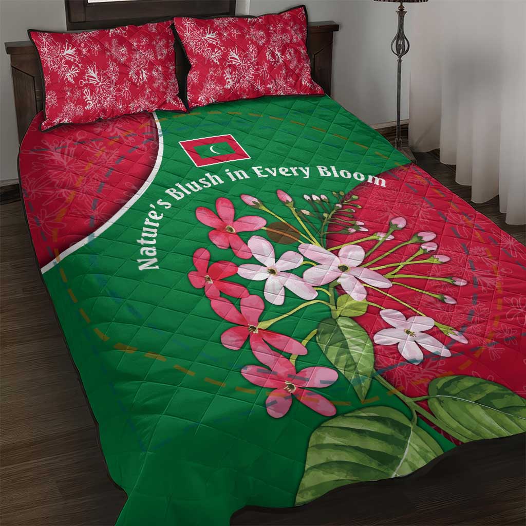 Maldives Floral Bloom Quilt Bed Set with Tropical Island Blossoms and National Flag Design