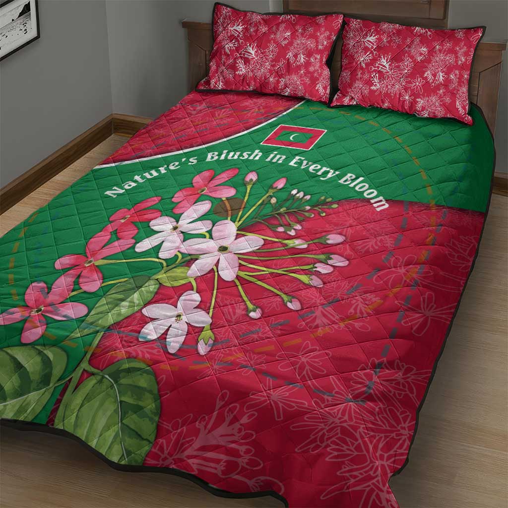 Maldives Floral Bloom Quilt Bed Set with Tropical Island Blossoms and National Flag Design