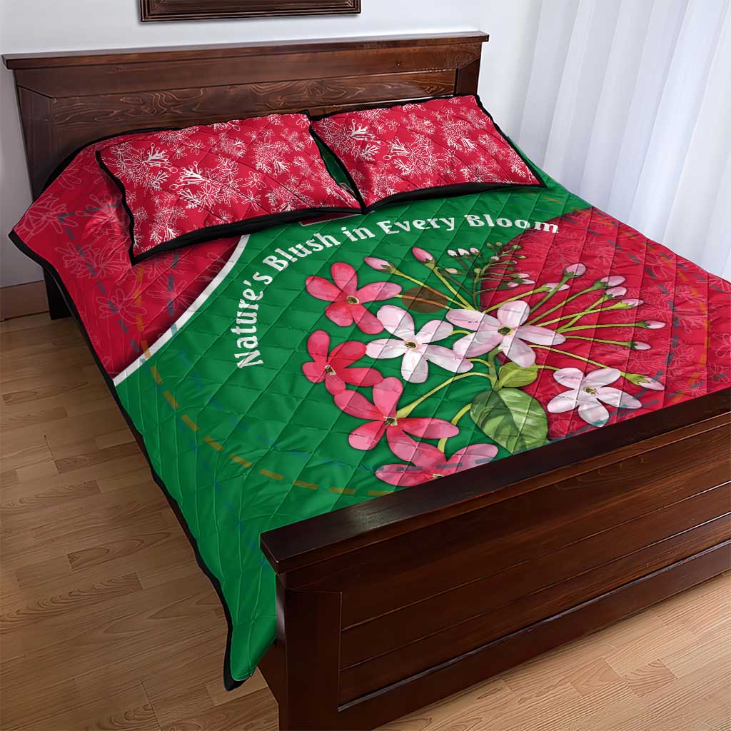 Maldives Floral Bloom Quilt Bed Set with Tropical Island Blossoms and National Flag Design