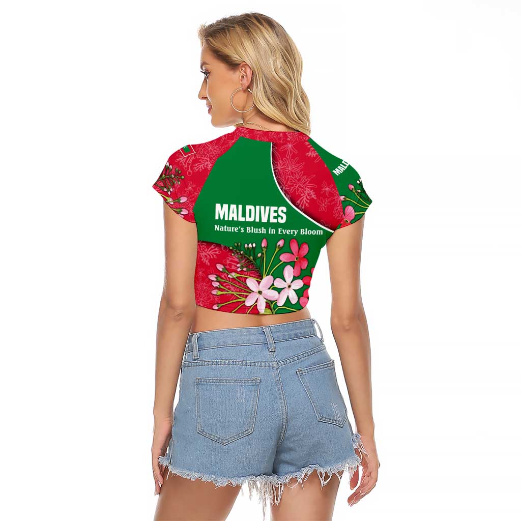 Maldives Floral Bloom Raglan Cropped T Shirt with Tropical Island Blossoms and National Flag Design