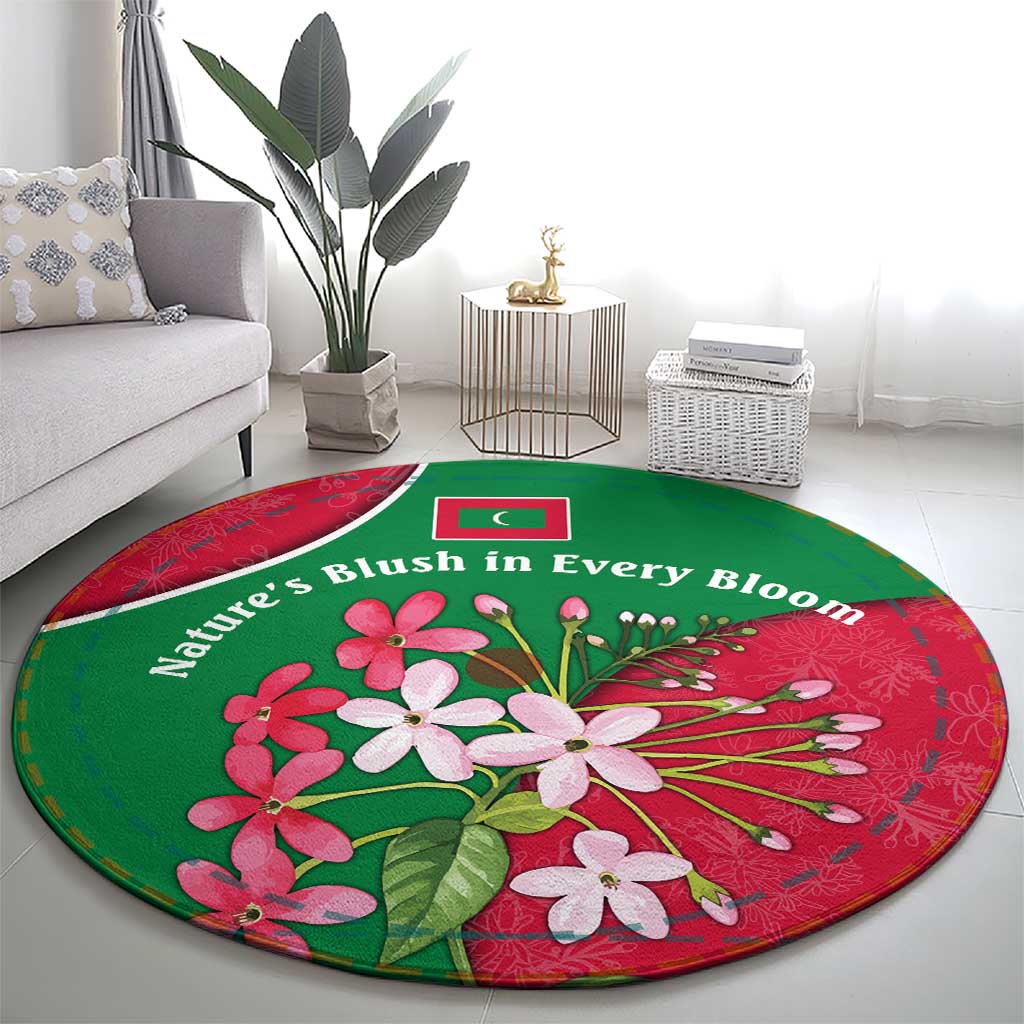Maldives Floral Bloom Round Carpet with Tropical Island Blossoms and National Flag Design