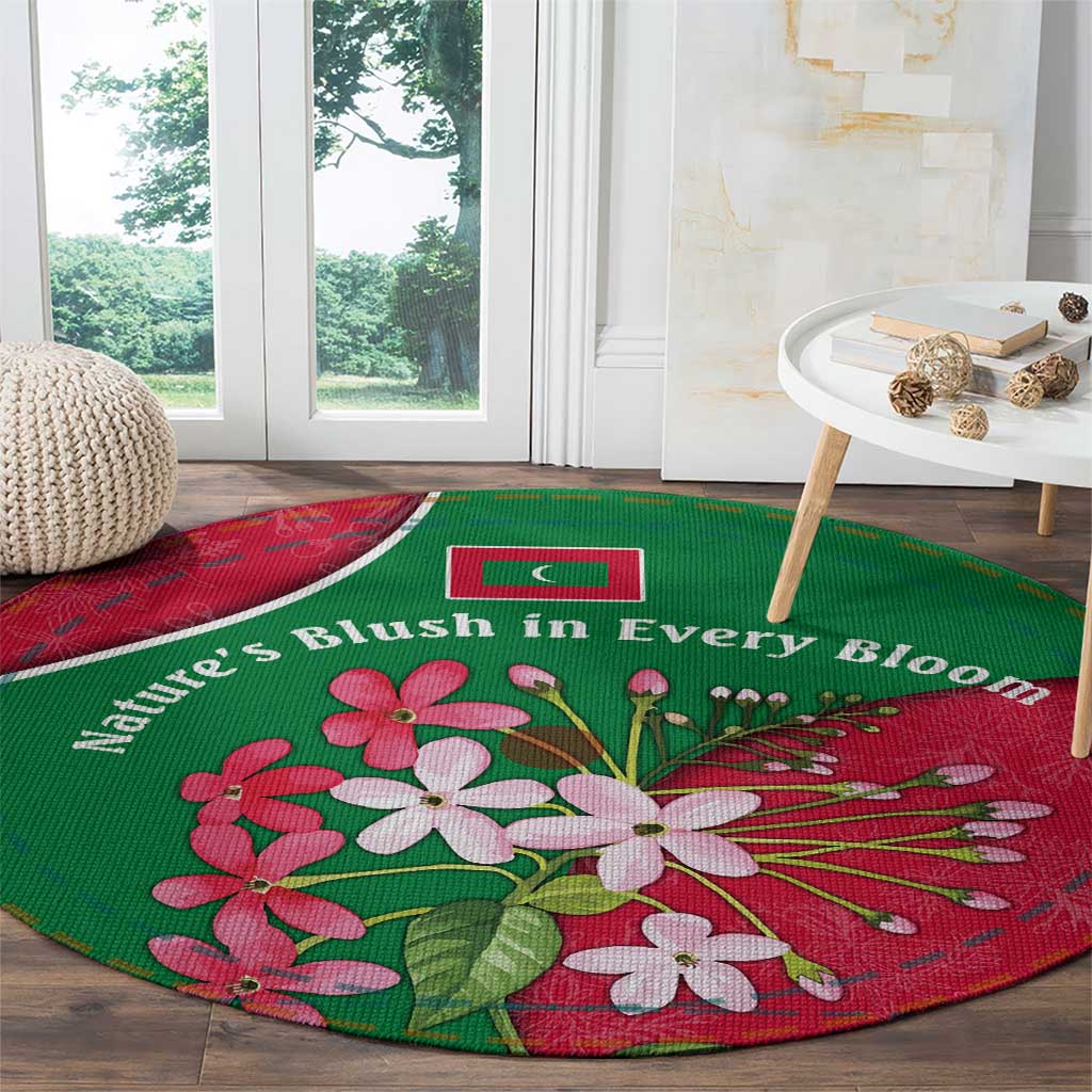 Maldives Floral Bloom Round Carpet with Tropical Island Blossoms and National Flag Design