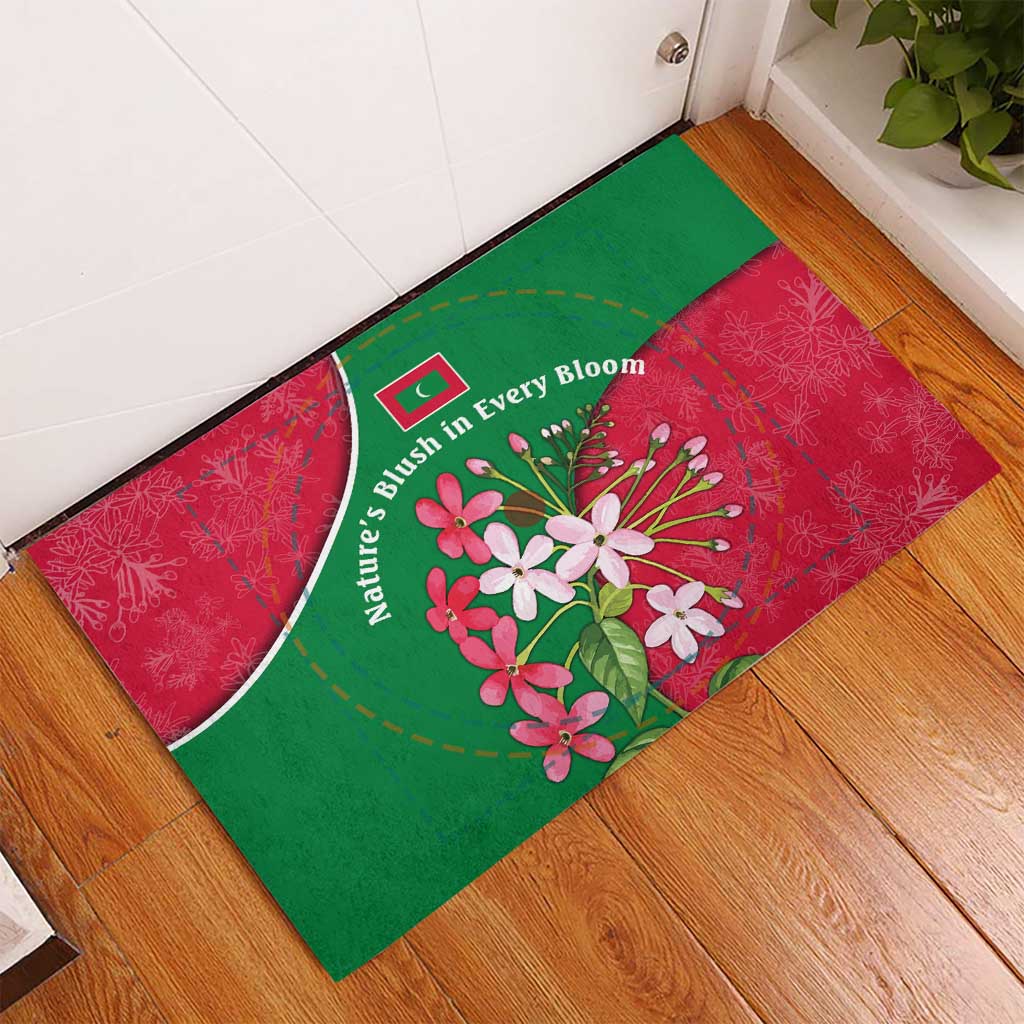 Maldives Floral Bloom Rubber Doormat with Tropical Island Blossoms and National Flag Design