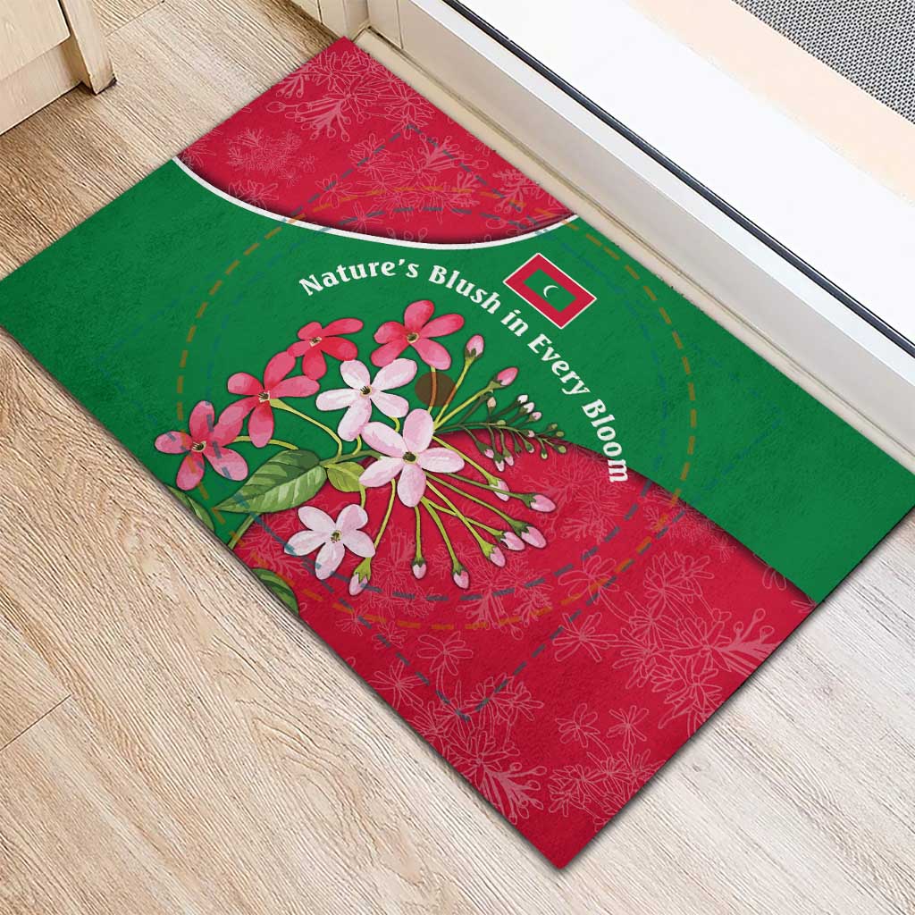 Maldives Floral Bloom Rubber Doormat with Tropical Island Blossoms and National Flag Design