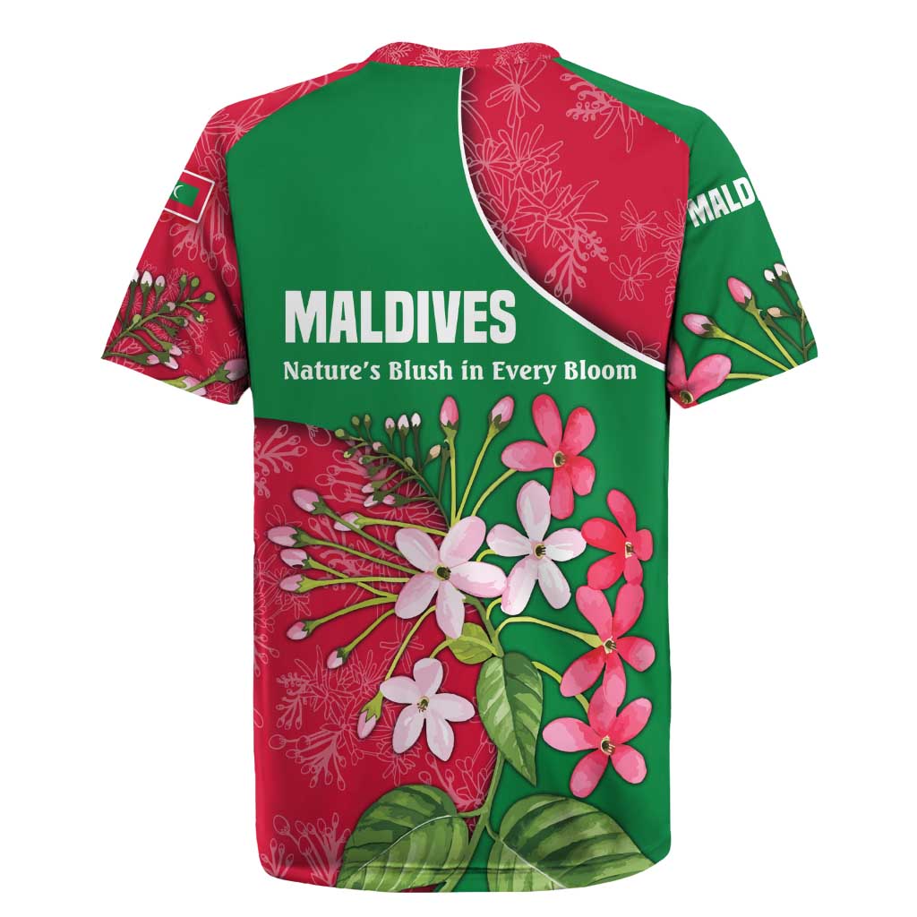 Maldives Floral Bloom Rugby Jersey with Tropical Island Blossoms and National Flag Design