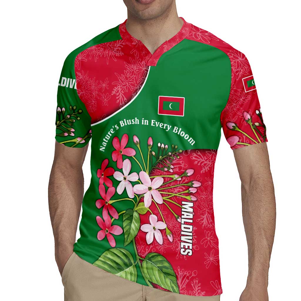Maldives Floral Bloom Rugby Jersey with Tropical Island Blossoms and National Flag Design