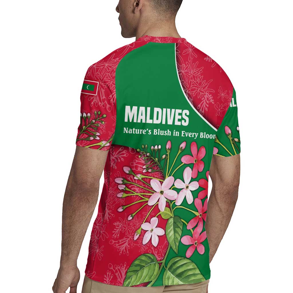 Maldives Floral Bloom Rugby Jersey with Tropical Island Blossoms and National Flag Design