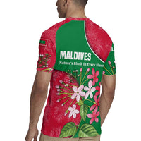 Maldives Floral Bloom Rugby Jersey with Tropical Island Blossoms and National Flag Design