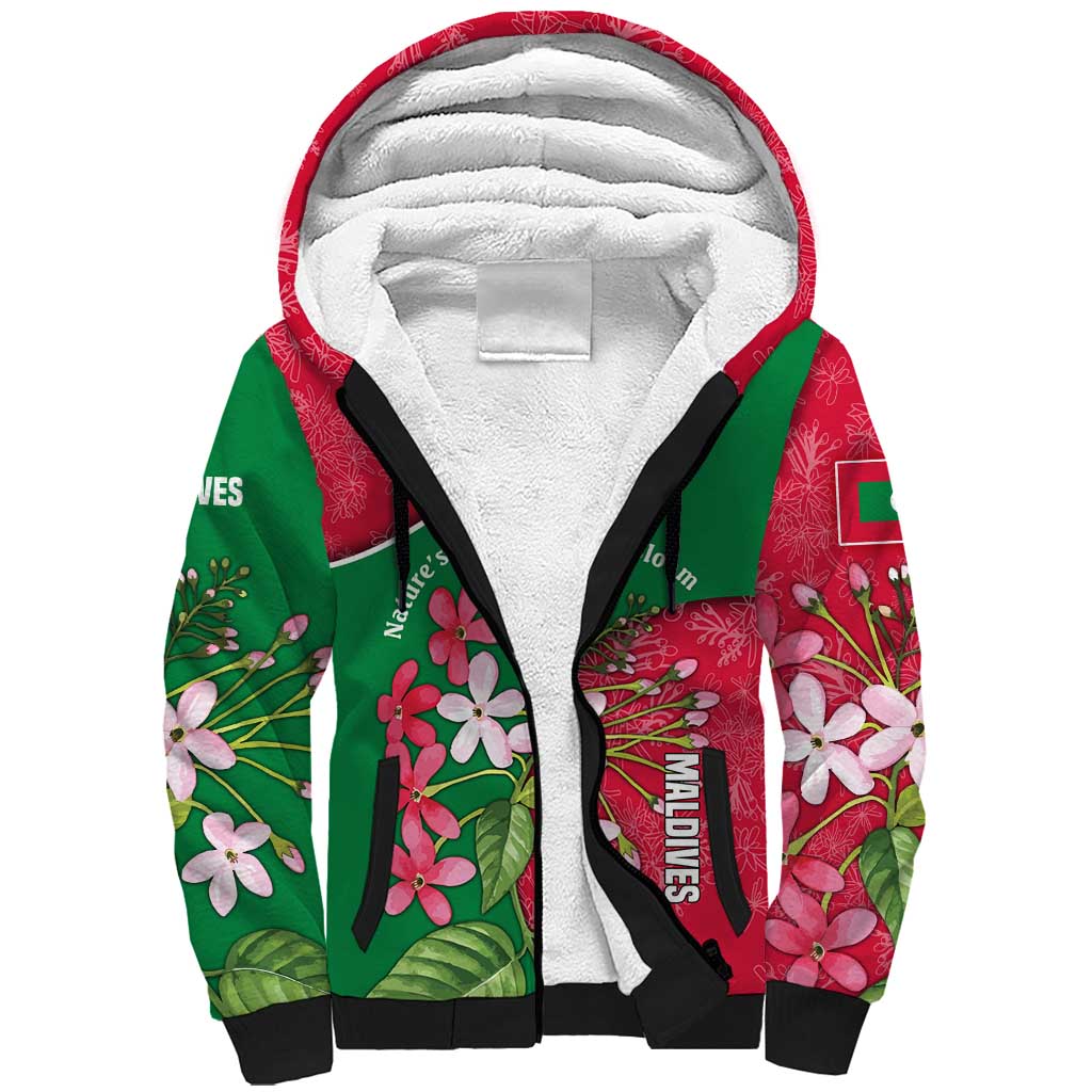 Maldives Floral Bloom Sherpa Hoodie with Tropical Island Blossoms and National Flag Design