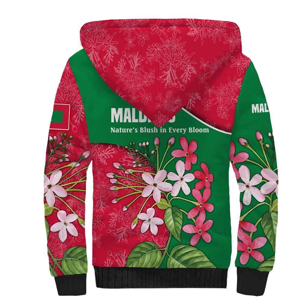 Maldives Floral Bloom Sherpa Hoodie with Tropical Island Blossoms and National Flag Design