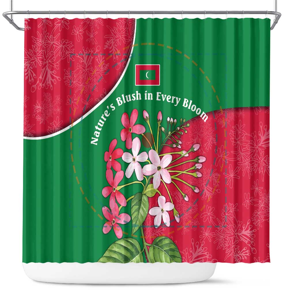 Maldives Floral Bloom Shower Curtain with Tropical Island Blossoms and National Flag Design