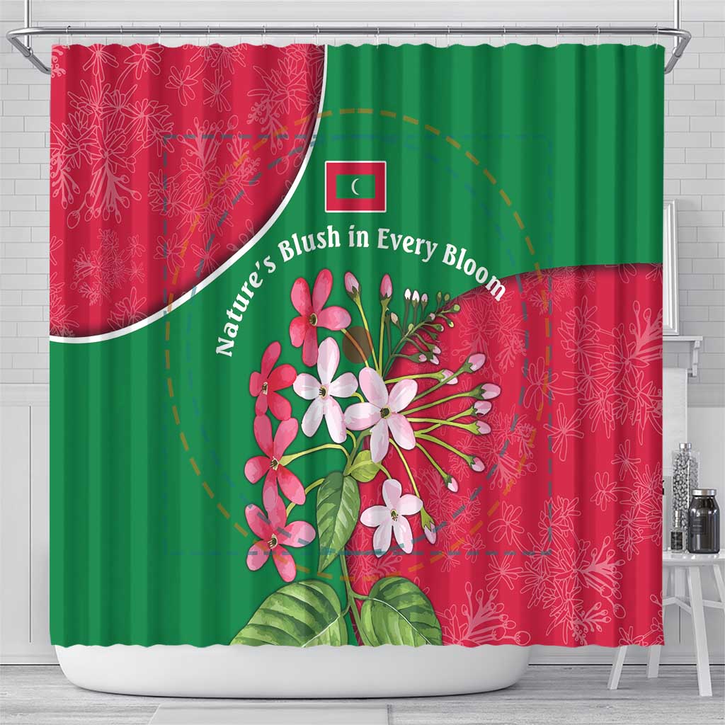 Maldives Floral Bloom Shower Curtain with Tropical Island Blossoms and National Flag Design