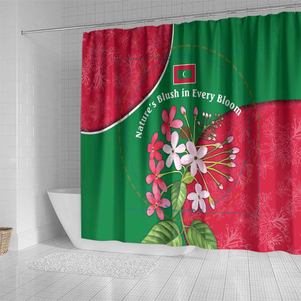 Maldives Floral Bloom Shower Curtain with Tropical Island Blossoms and National Flag Design