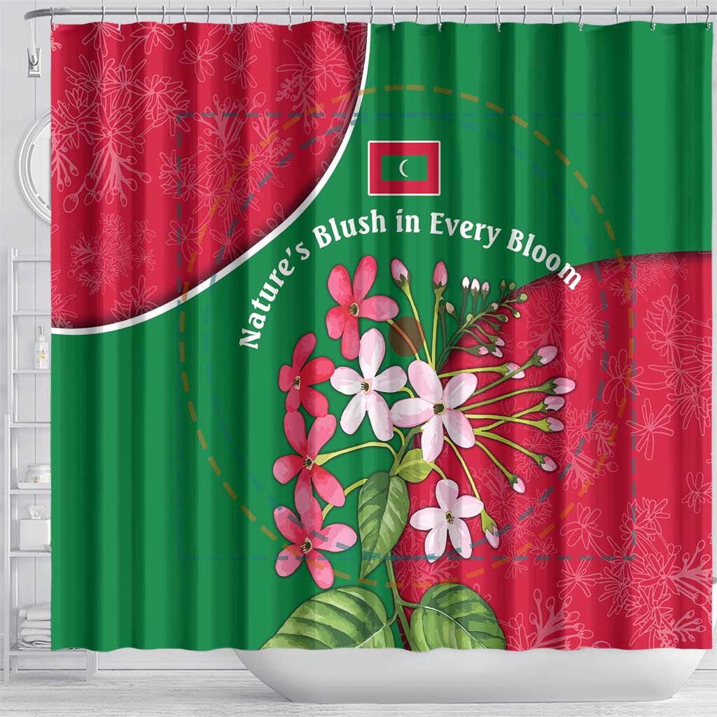 Maldives Floral Bloom Shower Curtain with Tropical Island Blossoms and National Flag Design