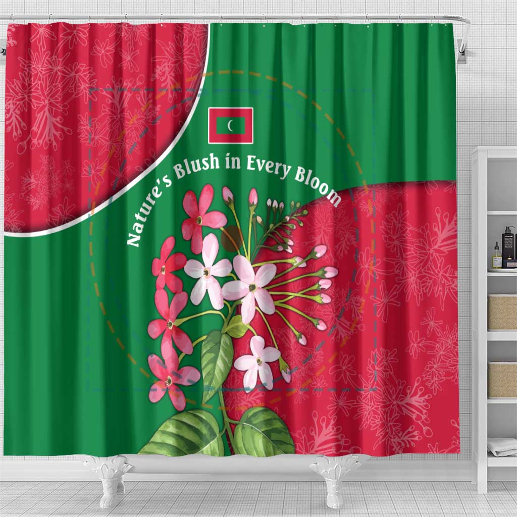 Maldives Floral Bloom Shower Curtain with Tropical Island Blossoms and National Flag Design