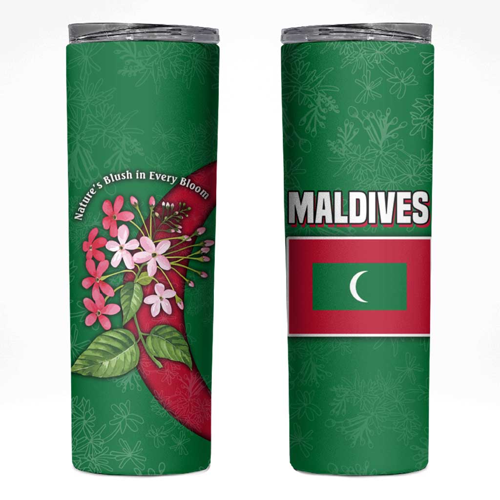 Maldives Floral Bloom Skinny Tumbler with Tropical Island Blossoms and National Flag Design