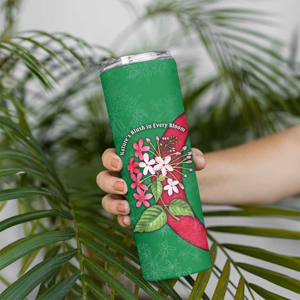 Maldives Floral Bloom Skinny Tumbler with Tropical Island Blossoms and National Flag Design