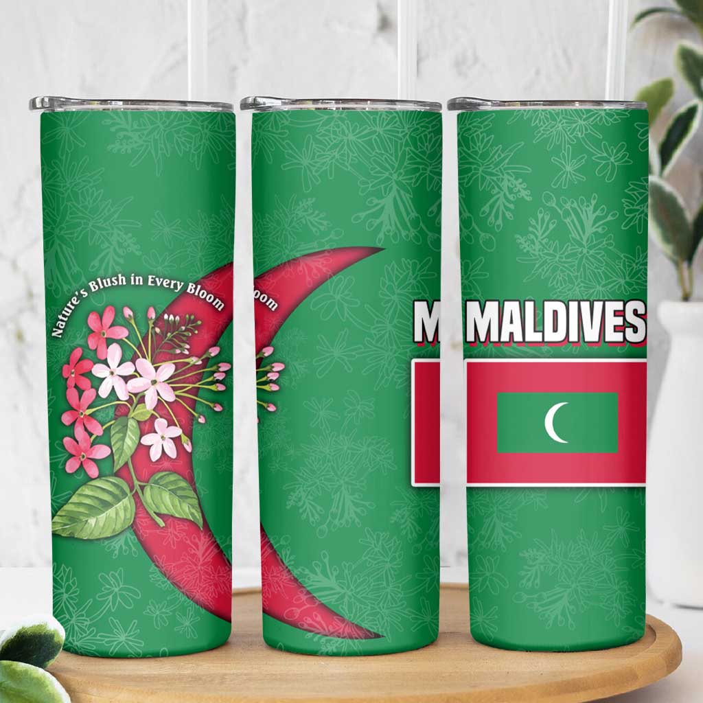 Maldives Floral Bloom Skinny Tumbler with Tropical Island Blossoms and National Flag Design
