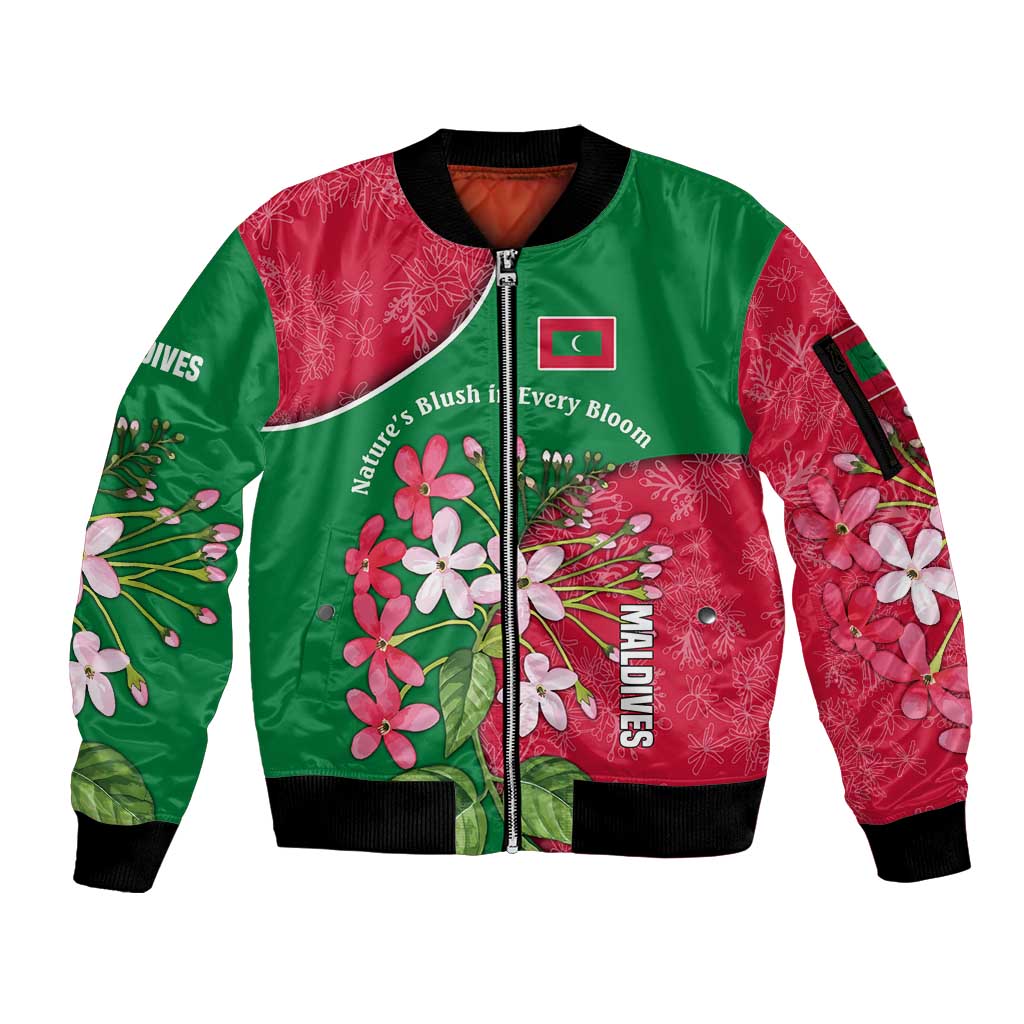 Maldives Floral Bloom Sleeve Zip Bomber Jacket with Tropical Island Blossoms and National Flag Design