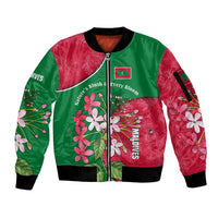 Maldives Floral Bloom Sleeve Zip Bomber Jacket with Tropical Island Blossoms and National Flag Design