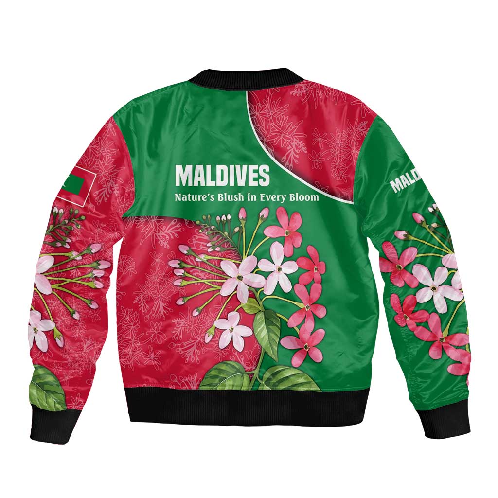 Maldives Floral Bloom Sleeve Zip Bomber Jacket with Tropical Island Blossoms and National Flag Design