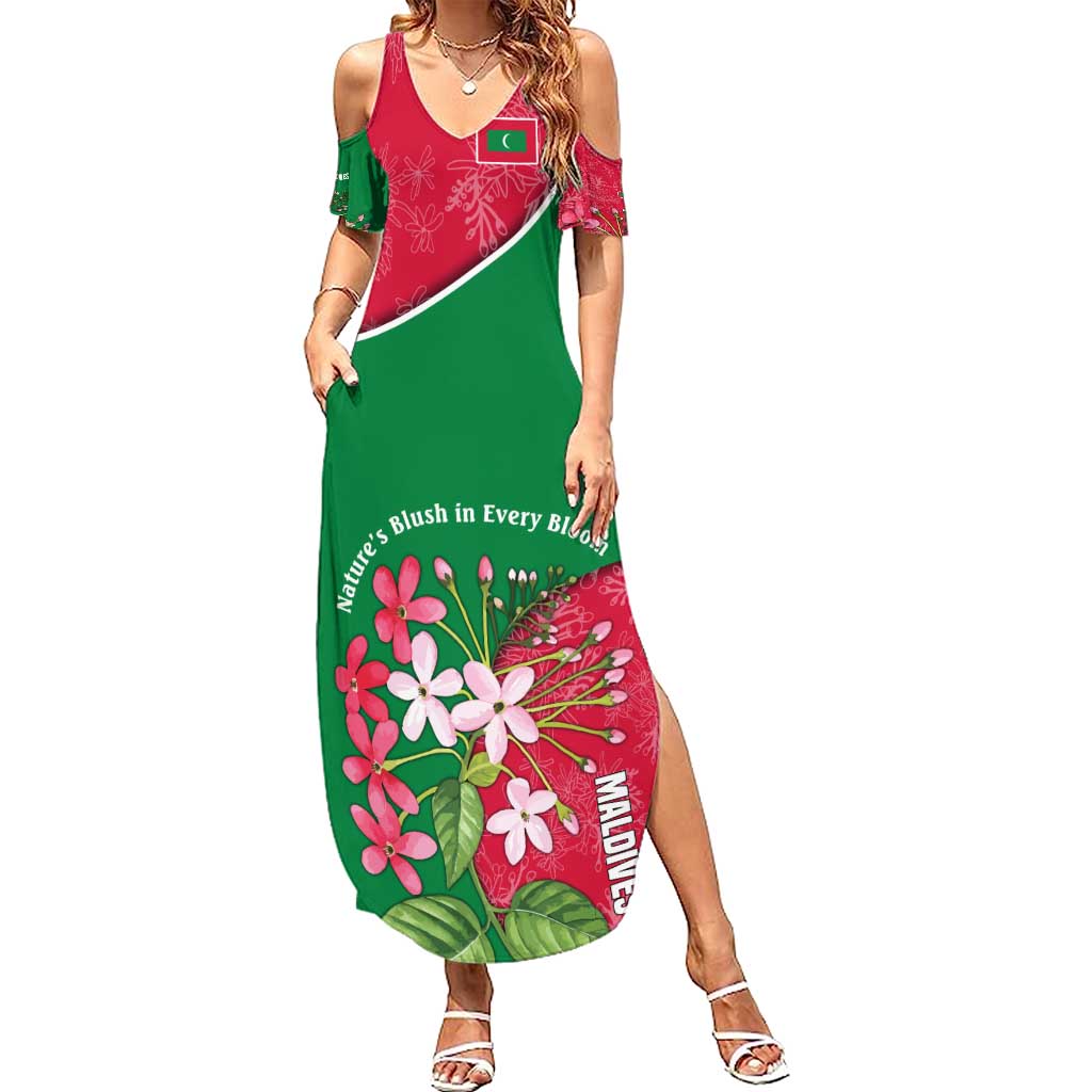 Maldives Floral Bloom Summer Maxi Dress with Tropical Island Blossoms and National Flag Design