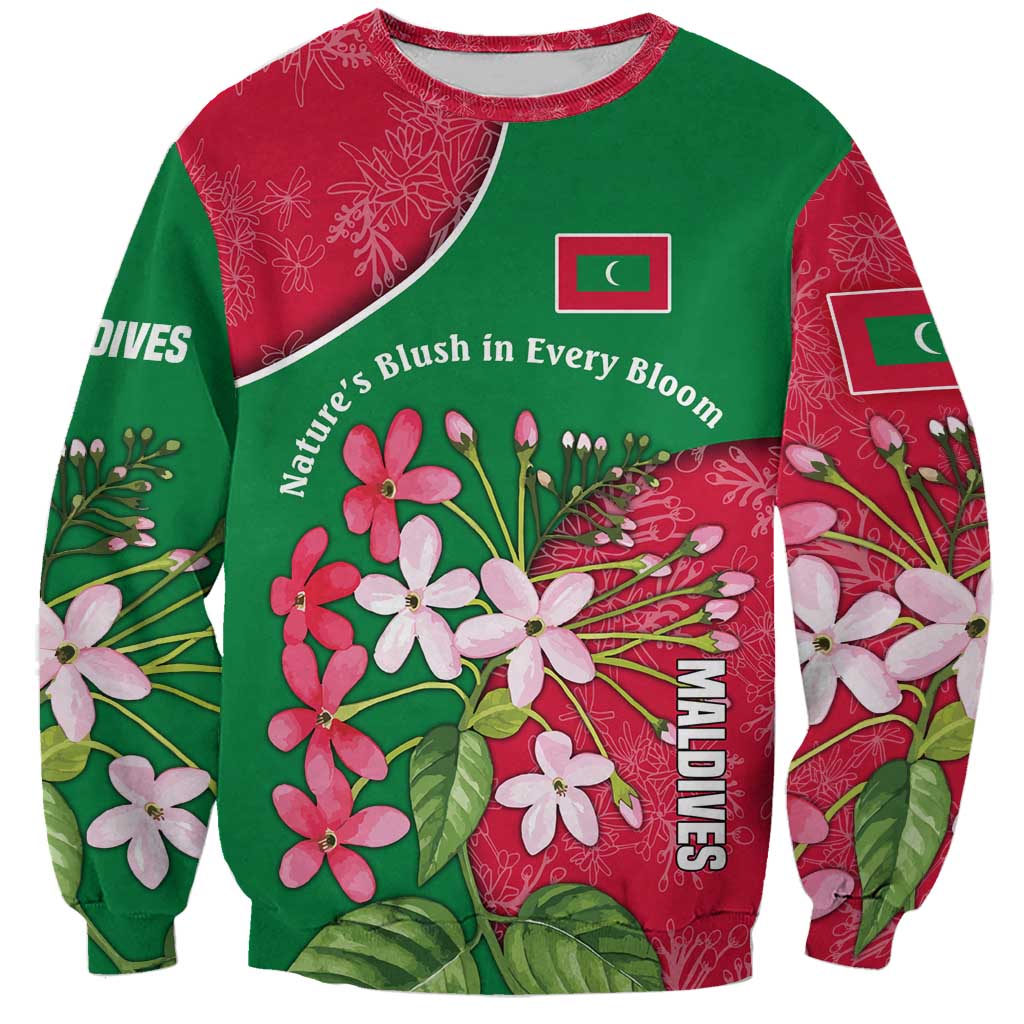 Maldives Floral Bloom Sweatshirt with Tropical Island Blossoms and National Flag Design