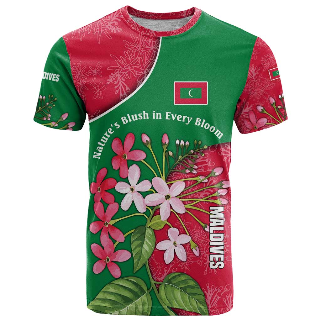 Maldives Floral Bloom T Shirt with Tropical Island Blossoms and National Flag Design