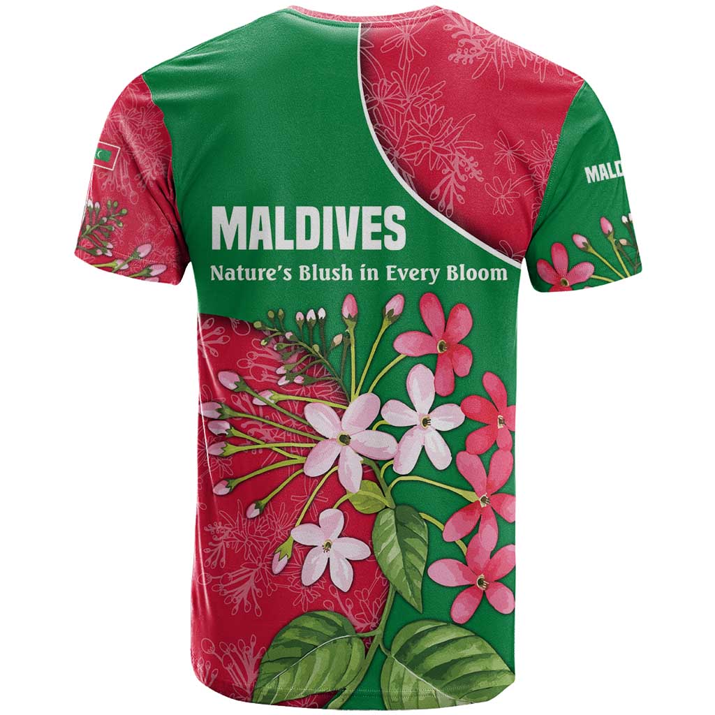 Maldives Floral Bloom T Shirt with Tropical Island Blossoms and National Flag Design