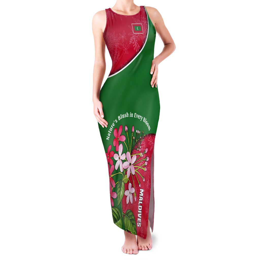 Maldives Floral Bloom Tank Maxi Dress with Tropical Island Blossoms and National Flag Design