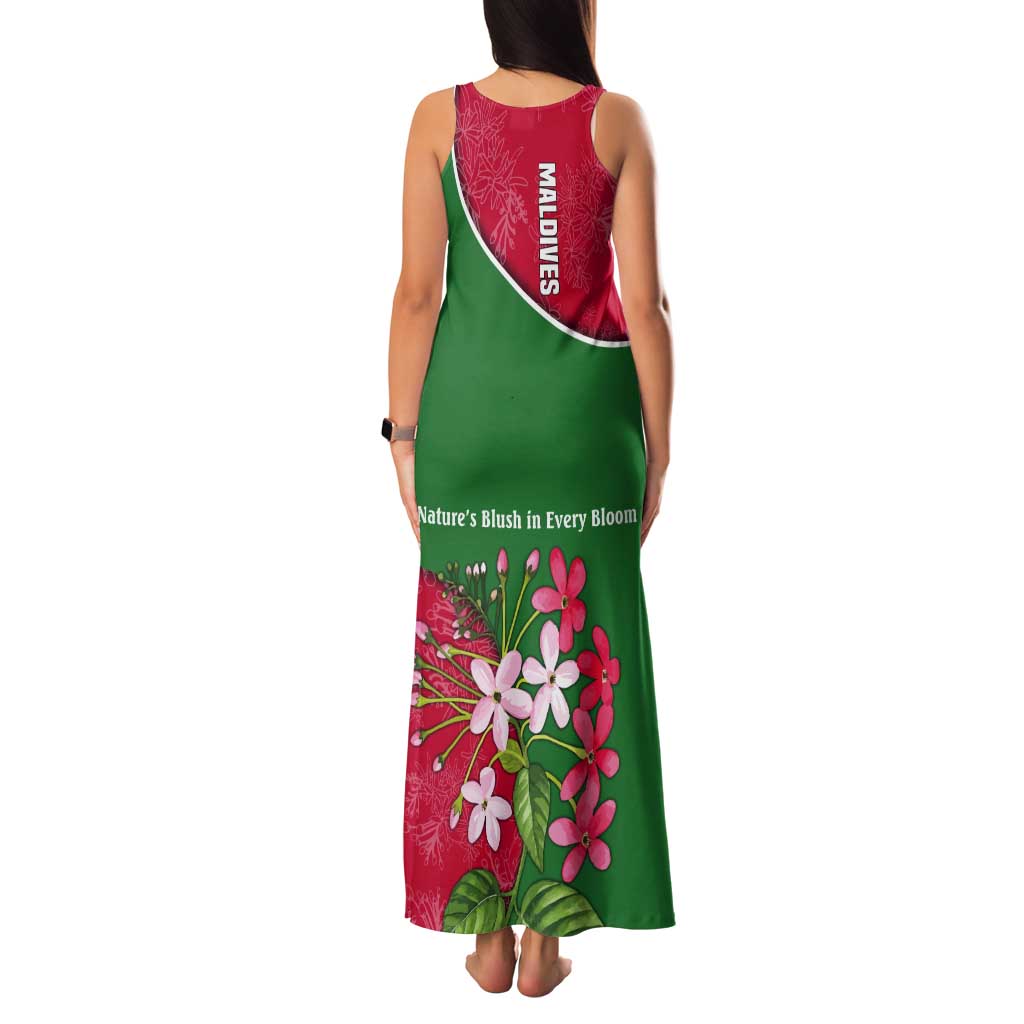 Maldives Floral Bloom Tank Maxi Dress with Tropical Island Blossoms and National Flag Design