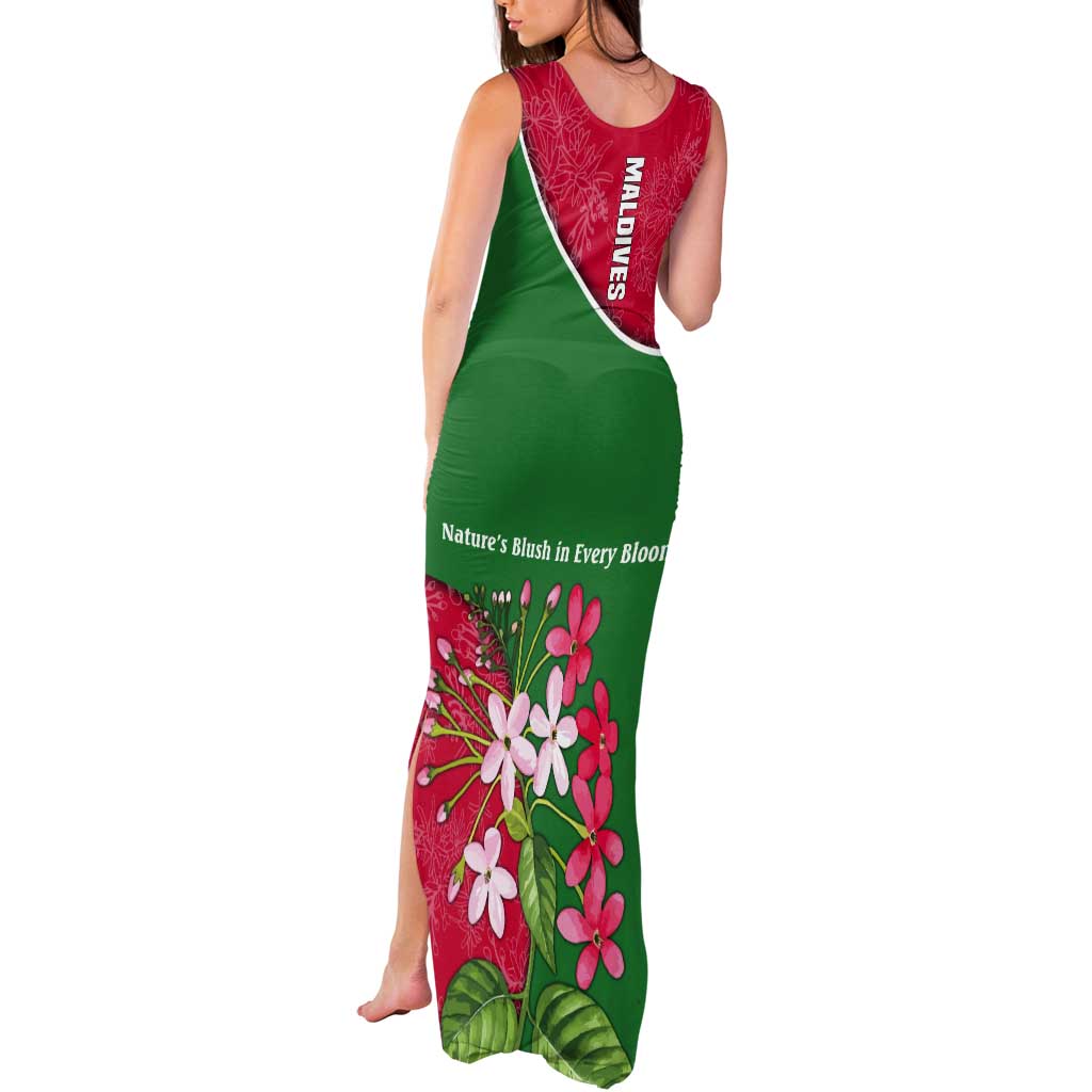 Maldives Floral Bloom Tank Maxi Dress with Tropical Island Blossoms and National Flag Design