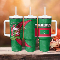 Maldives Floral Bloom Tumbler With Handle with Tropical Island Blossoms and National Flag Design