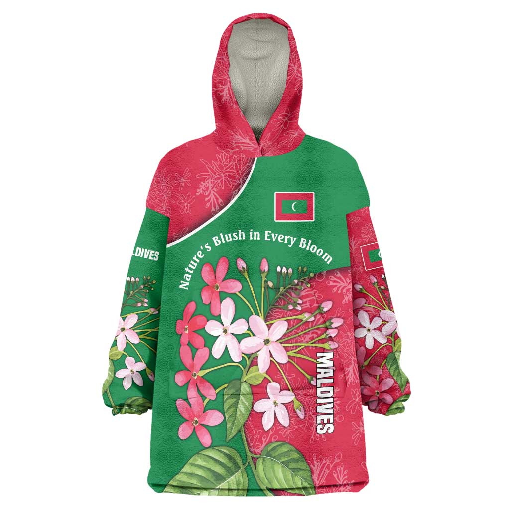 Maldives Floral Bloom Wearable Blanket Hoodie with Tropical Island Blossoms and National Flag Design