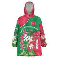 Maldives Floral Bloom Wearable Blanket Hoodie with Tropical Island Blossoms and National Flag Design