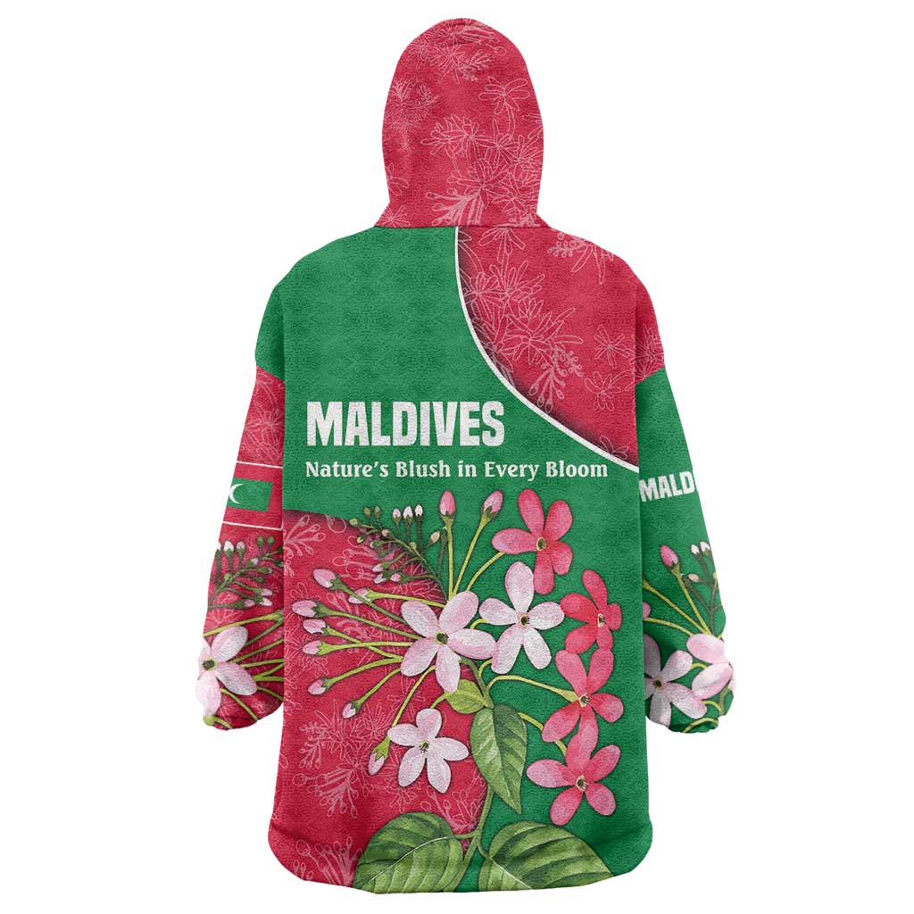 Maldives Floral Bloom Wearable Blanket Hoodie with Tropical Island Blossoms and National Flag Design