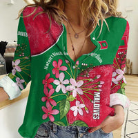 Maldives Floral Bloom Women Casual Shirt with Tropical Island Blossoms and National Flag Design
