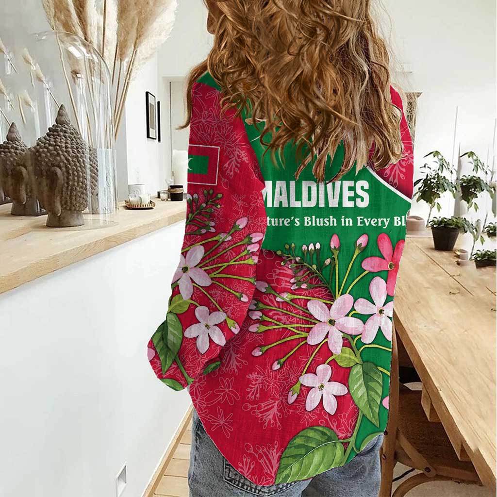 Maldives Floral Bloom Women Casual Shirt with Tropical Island Blossoms and National Flag Design