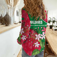 Maldives Floral Bloom Women Casual Shirt with Tropical Island Blossoms and National Flag Design