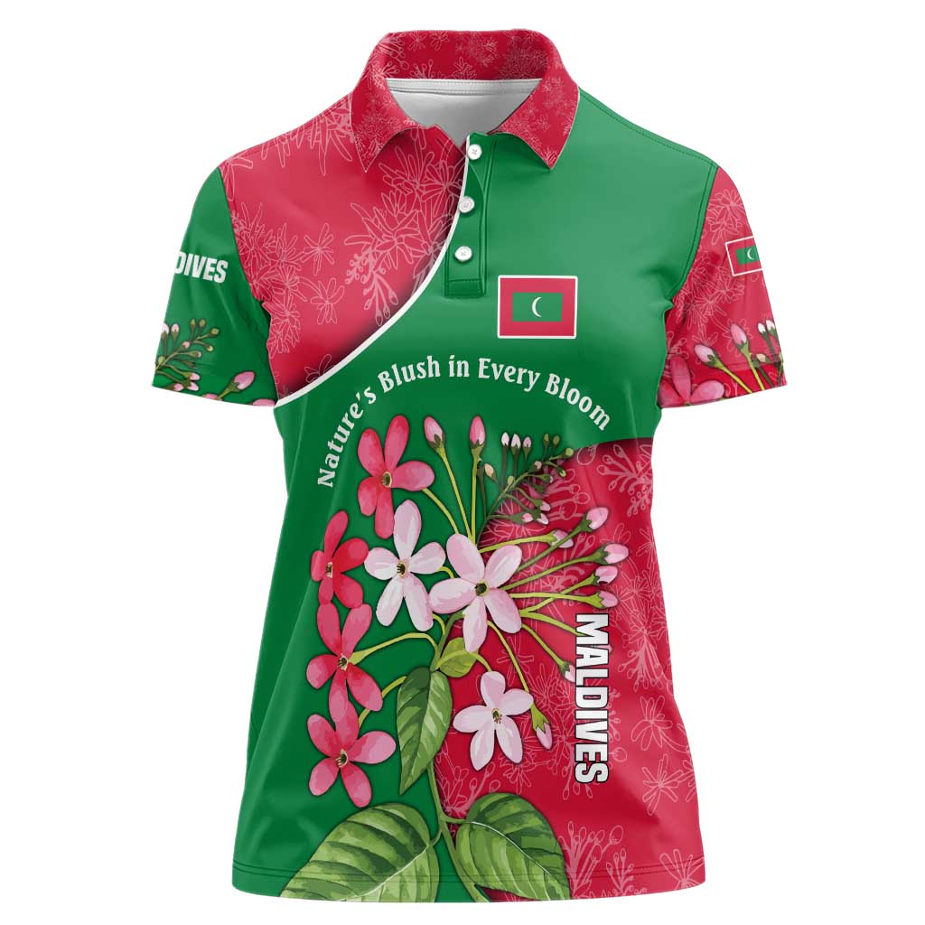 Maldives Floral Bloom Women Polo Shirt with Tropical Island Blossoms and National Flag Design
