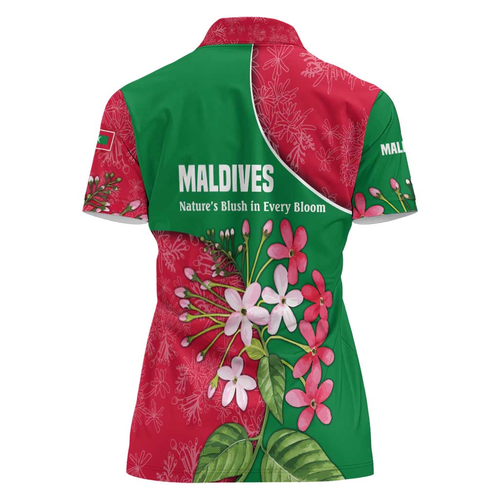 Maldives Floral Bloom Women Polo Shirt with Tropical Island Blossoms and National Flag Design