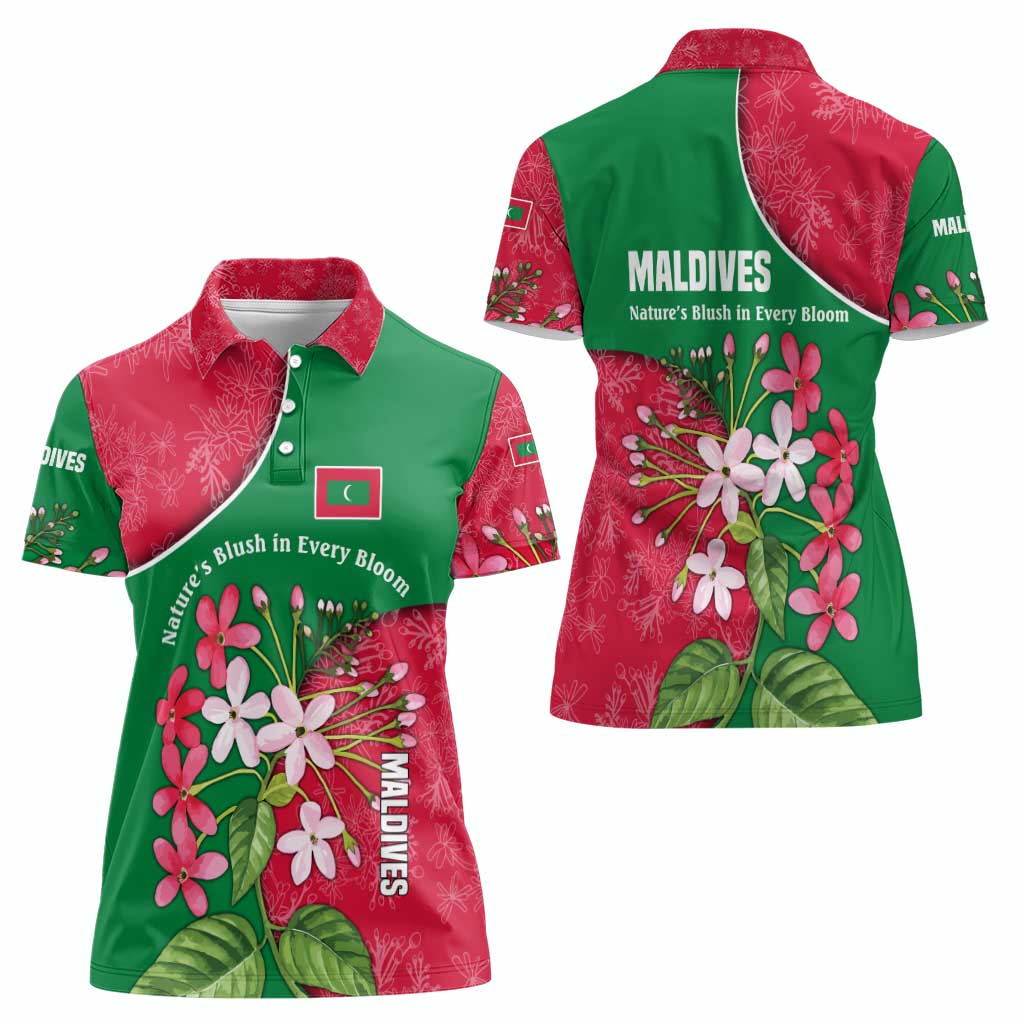 Maldives Floral Bloom Women Polo Shirt with Tropical Island Blossoms and National Flag Design