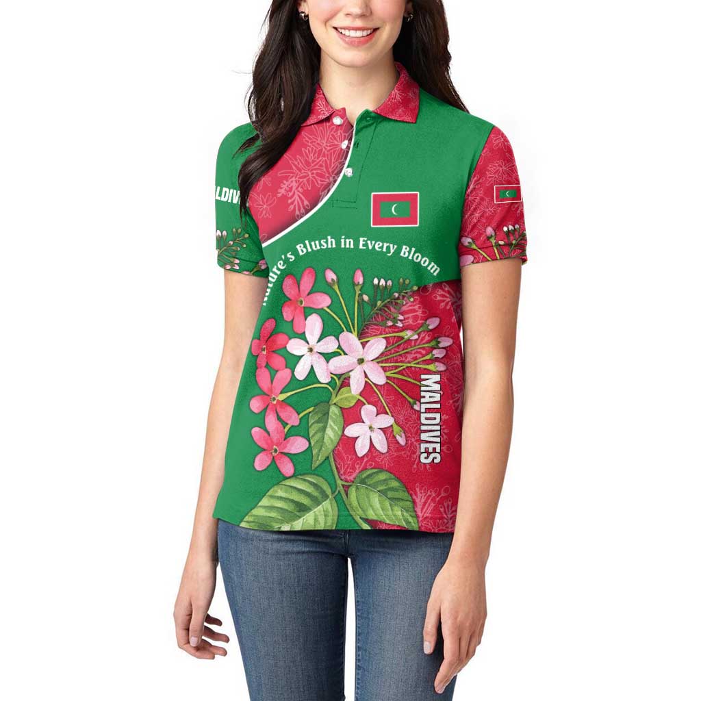 Maldives Floral Bloom Women Polo Shirt with Tropical Island Blossoms and National Flag Design