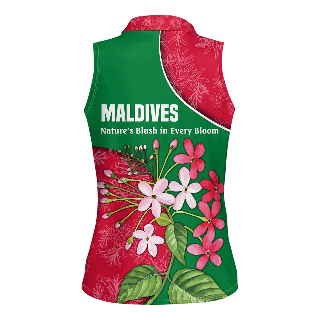 Maldives Floral Bloom Women Sleeveless Polo Shirt with Tropical Island Blossoms and National Flag Design