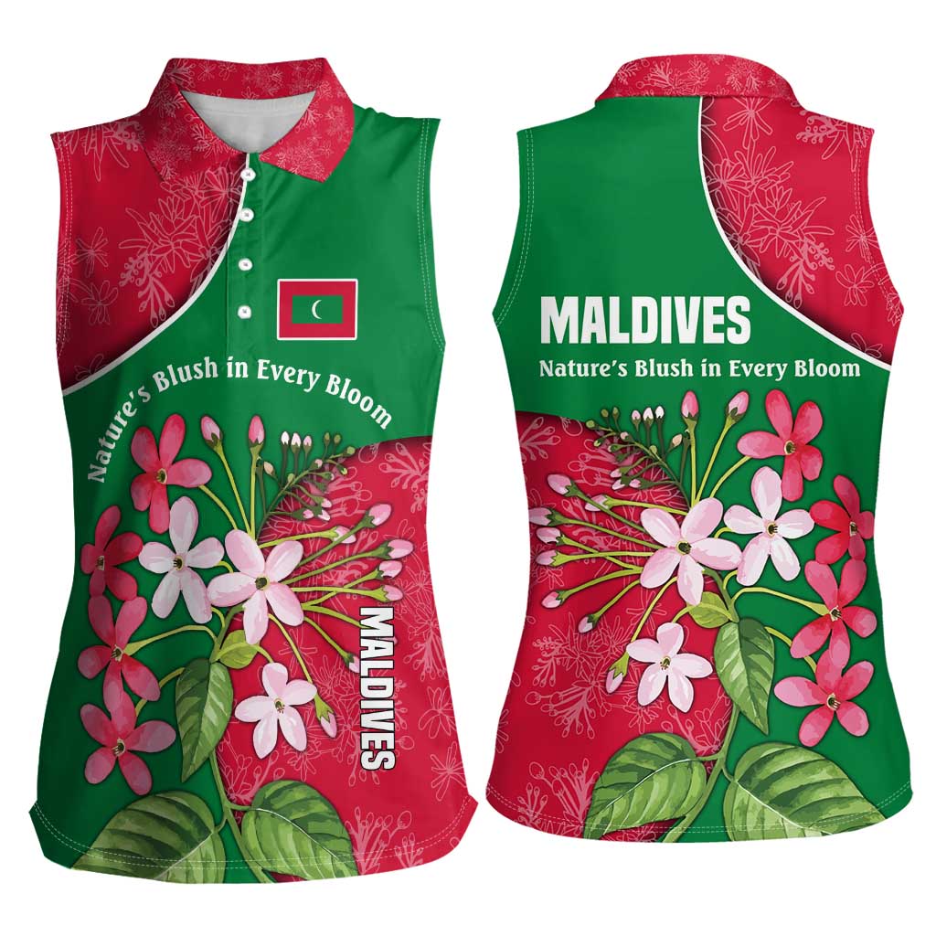 Maldives Floral Bloom Women Sleeveless Polo Shirt with Tropical Island Blossoms and National Flag Design
